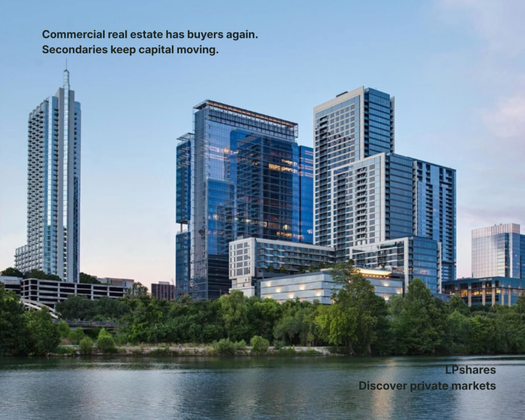 Modern commercial real estate skyline used as the featured image for an LPshares blog post on secondaries