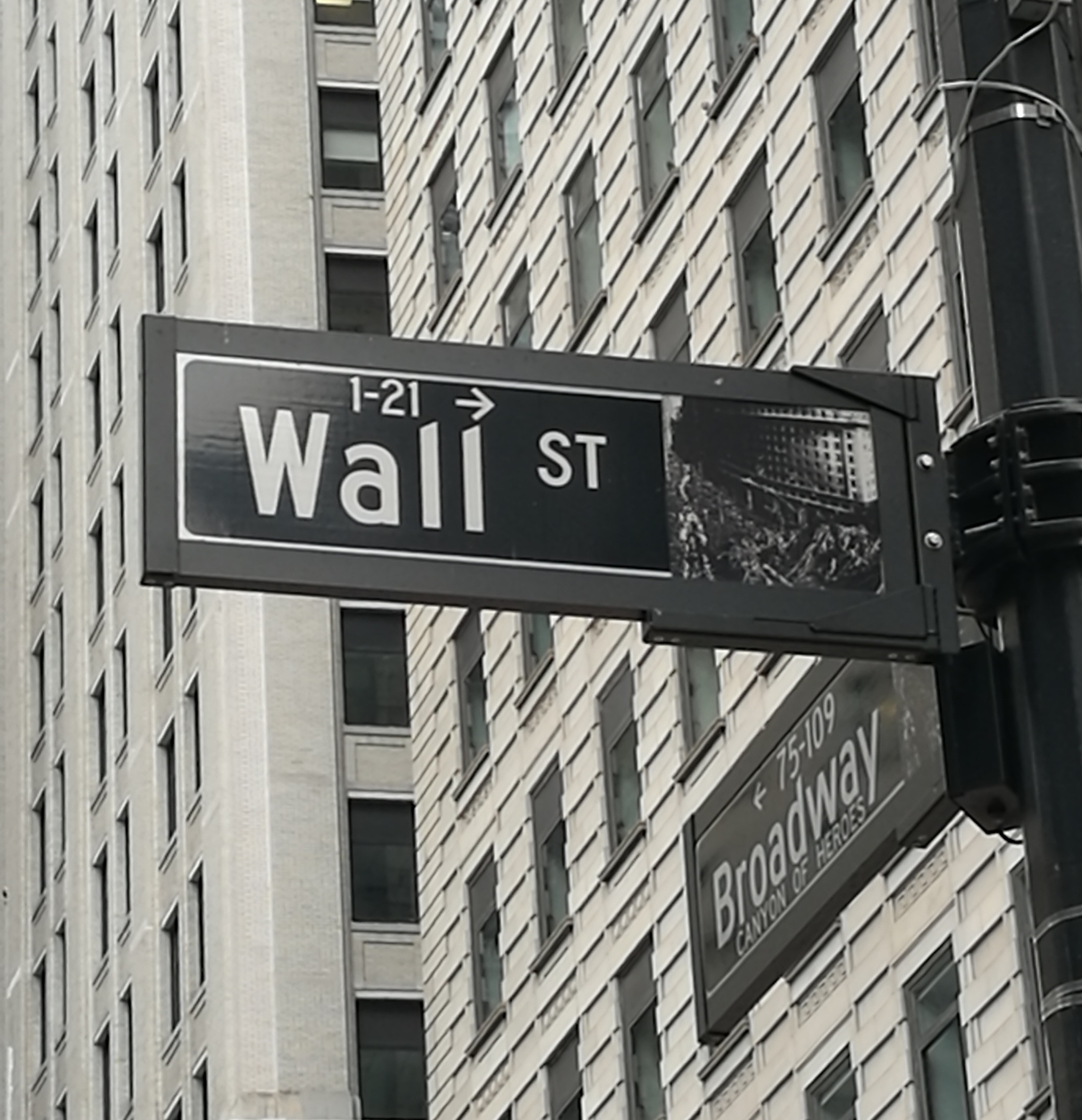 Wall St and Broadway street signs in the Financial District of Manhattan